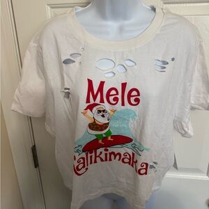 Mele Kalikimaka White Crop Top Hawaii Surfing Santa Cotton Short Sleeve XL NWT